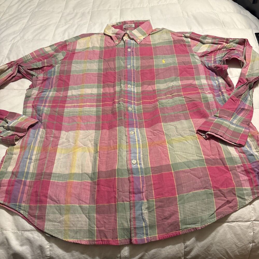Ralph Lauren Shirt XL Men’s Authentic Indian Madras Plaid Pink Multicolor Preppy